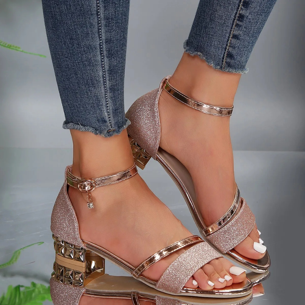 Glitter Open Toe Ankle Strap Block Heel Sandals