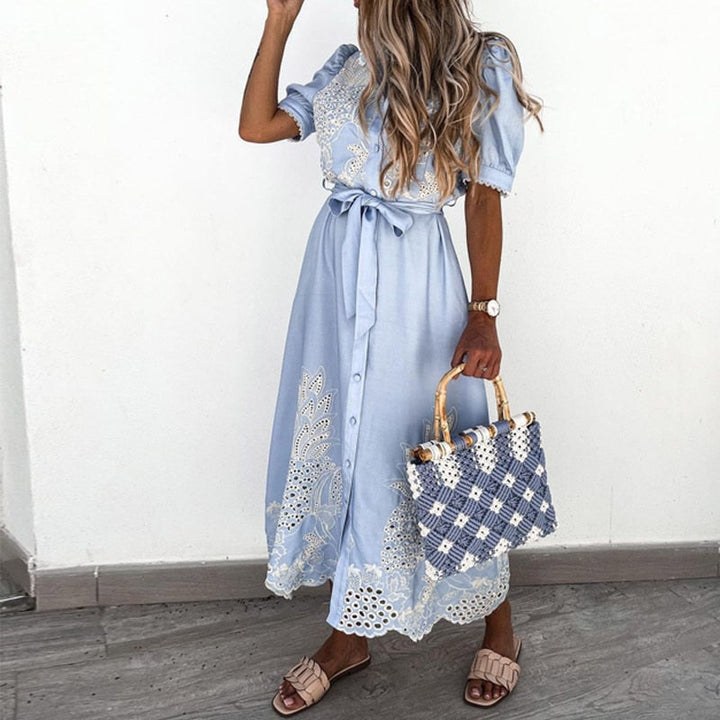 Linen-Look Embroidered Midi Dress