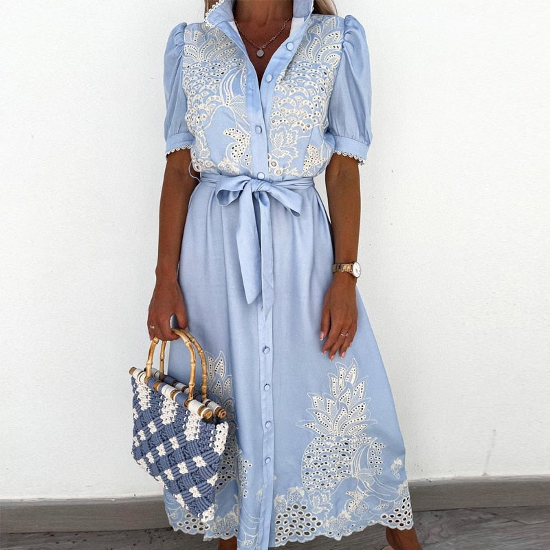 Linen-Look Embroidered Midi Dress