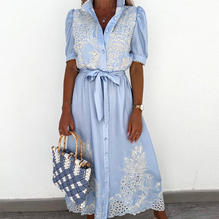 Linen-Look Embroidered Midi Dress