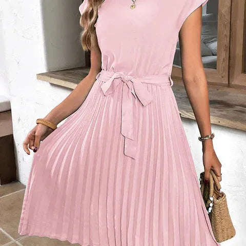 Pleated Midi A Line Dress with Tie Belt