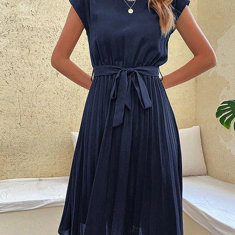 Pleated Midi A Line Dress with Tie Belt