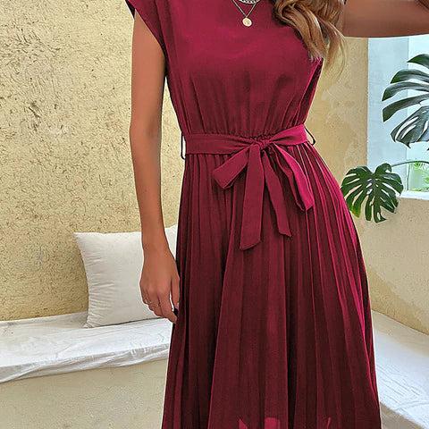 Pleated Midi A Line Dress with Tie Belt