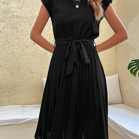Pleated Midi A Line Dress with Tie Belt