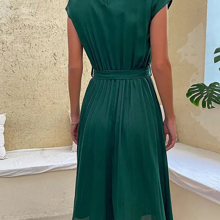 Pleated Midi A Line Dress with Tie Belt
