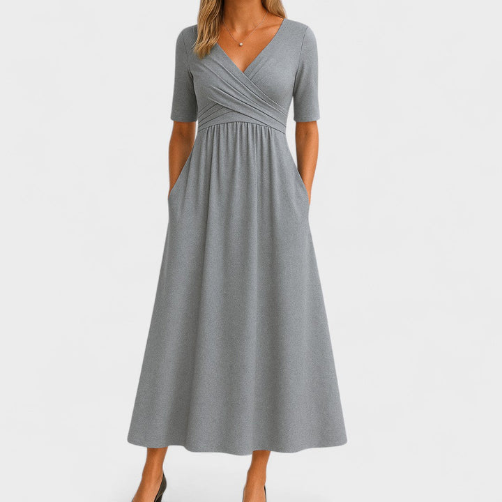 V-Neck Crossover Waist Midi Dress