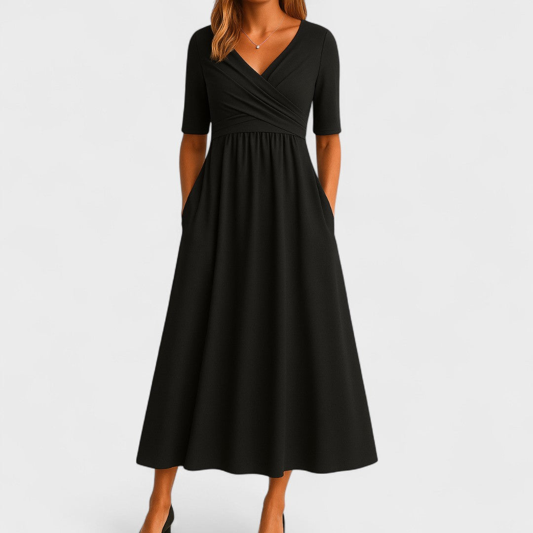 V-Neck Crossover Waist Midi Dress