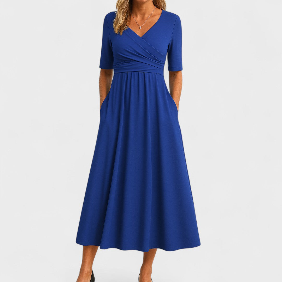 V-Neck Crossover Waist Midi Dress