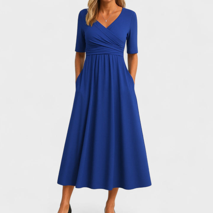 V-Neck Crossover Waist Midi Dress