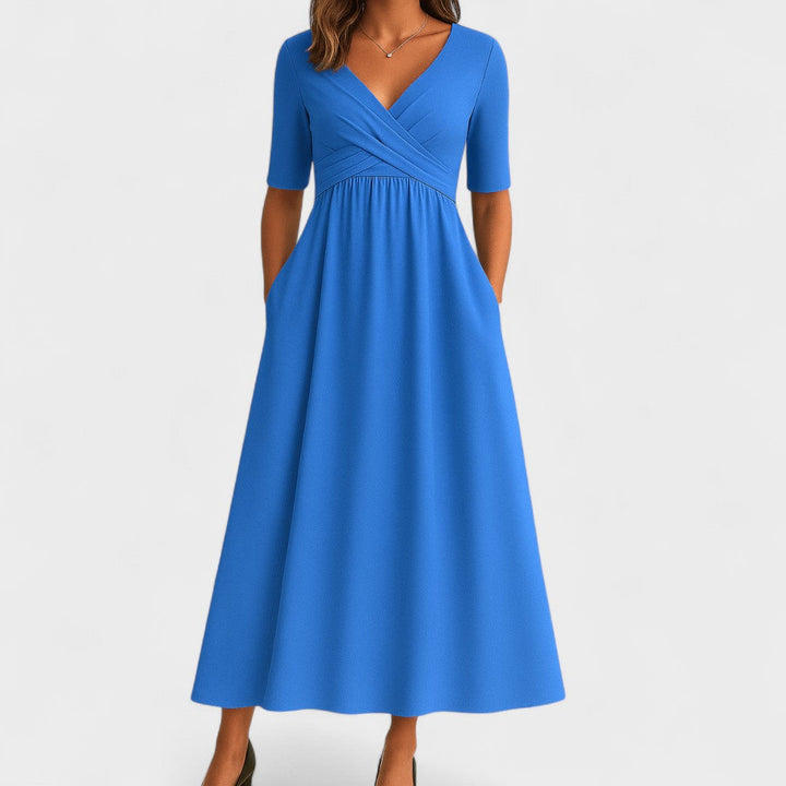 V-Neck Crossover Waist Midi Dress