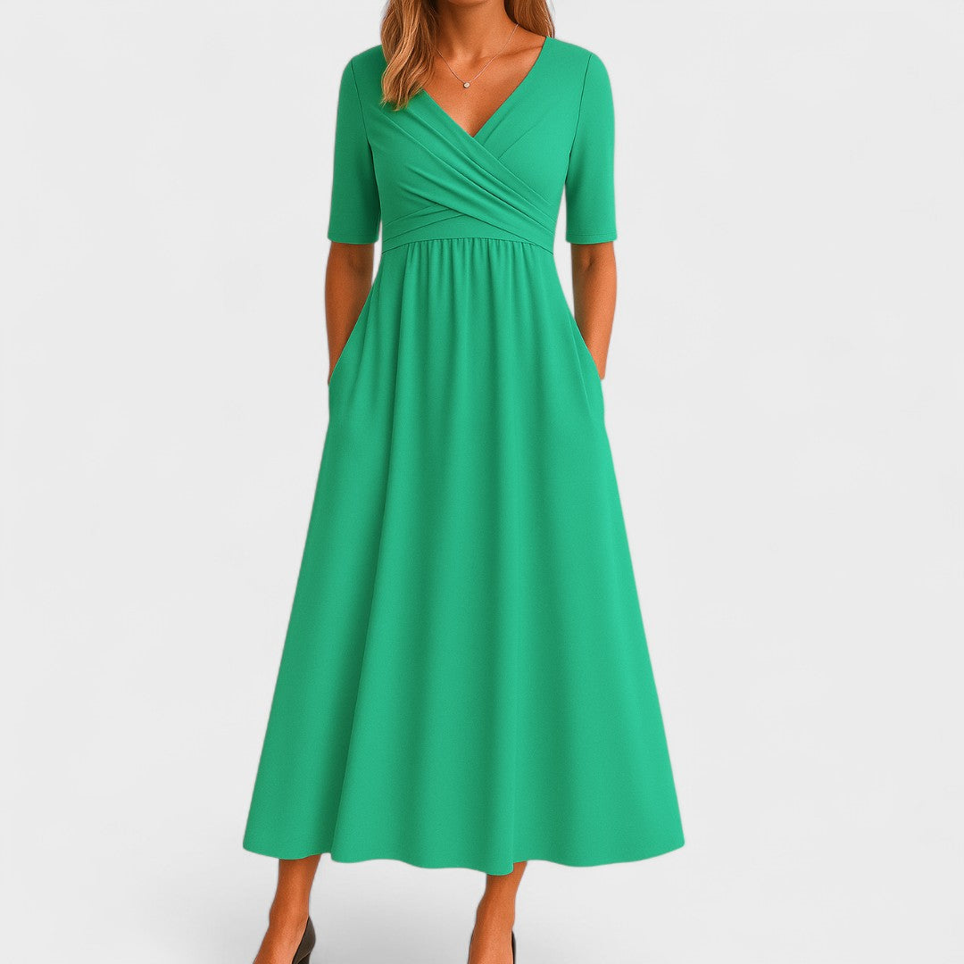 V-Neck Crossover Waist Midi Dress