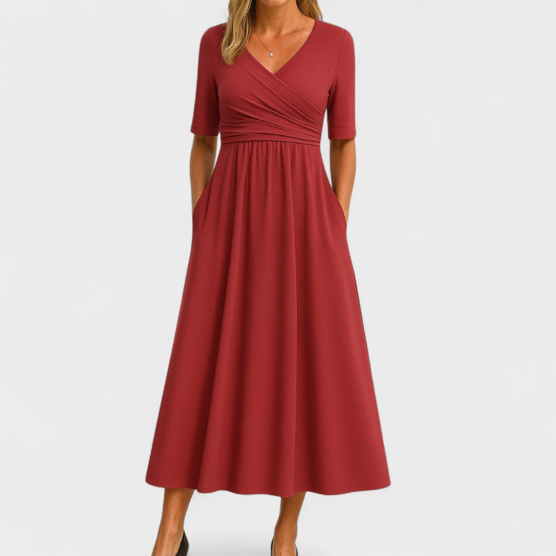 V-Neck Crossover Waist Midi Dress