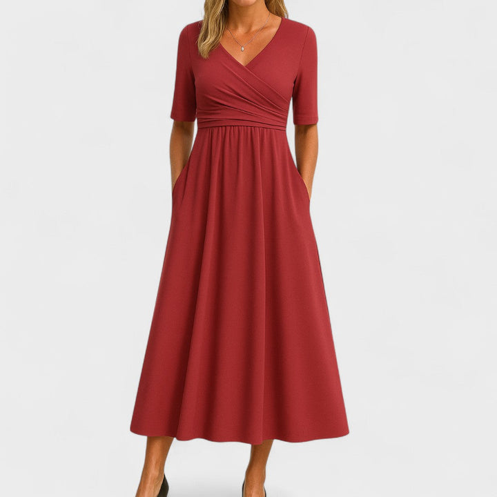 V-Neck Crossover Waist Midi Dress