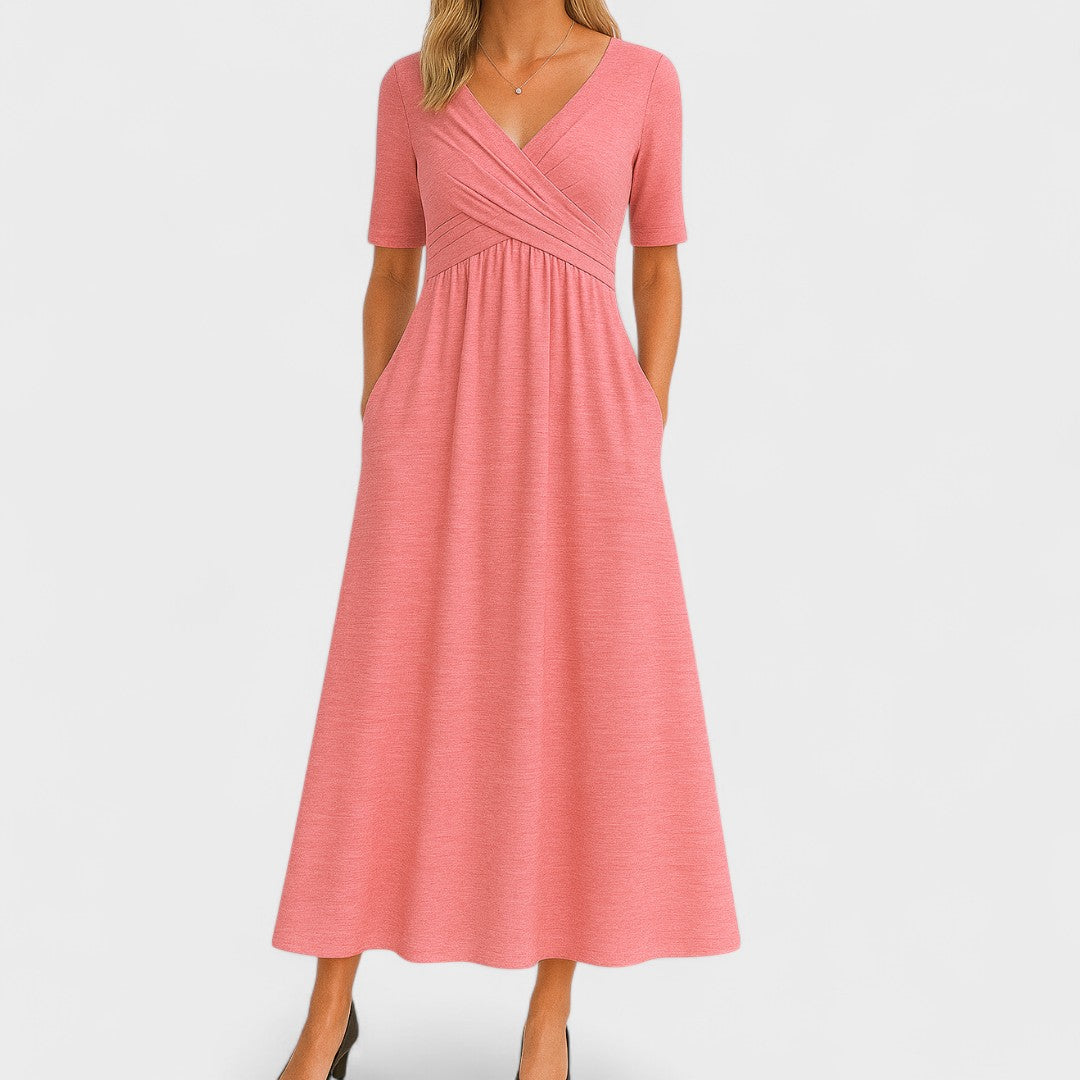 V-Neck Crossover Waist Midi Dress