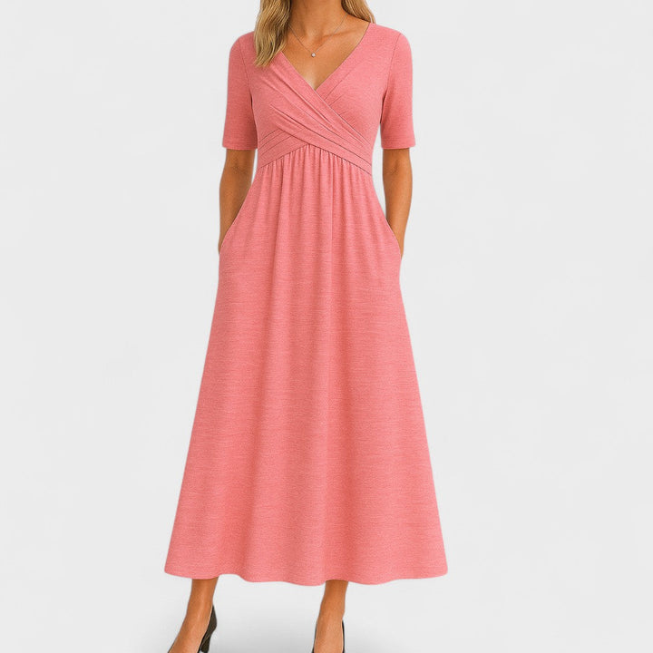 V-Neck Crossover Waist Midi Dress