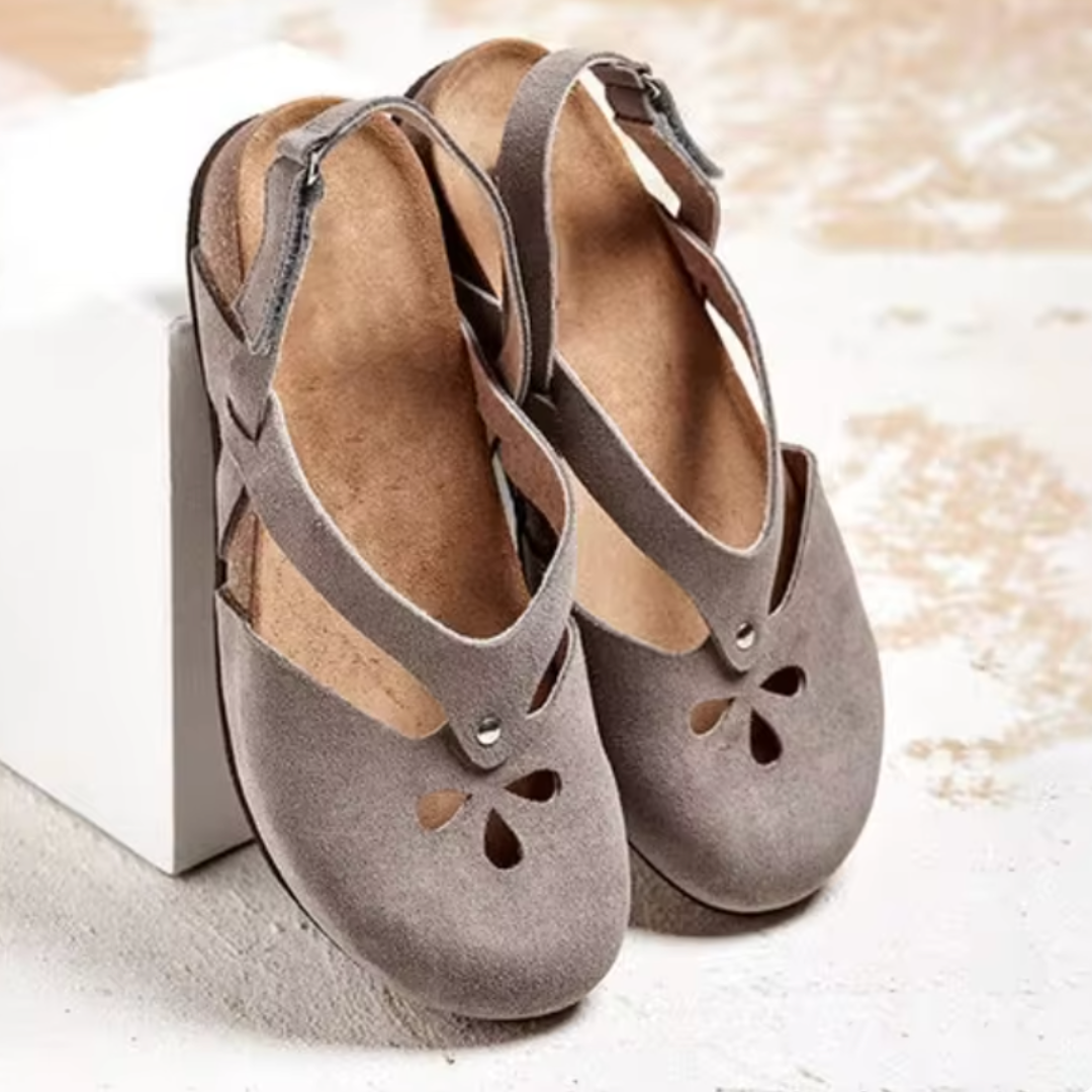 Suede-Look Cut-Out Closed-Toe Cork Footbed Sandals