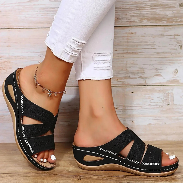 Crossover Strap Low Wedge Sandals