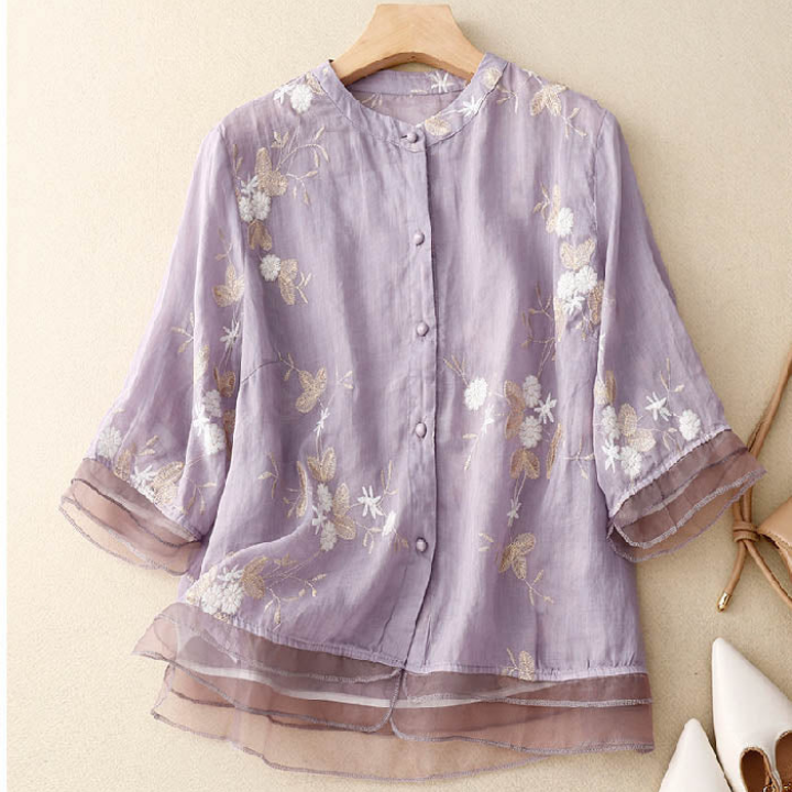 Floral Embroidered Layered-Hem Blouse