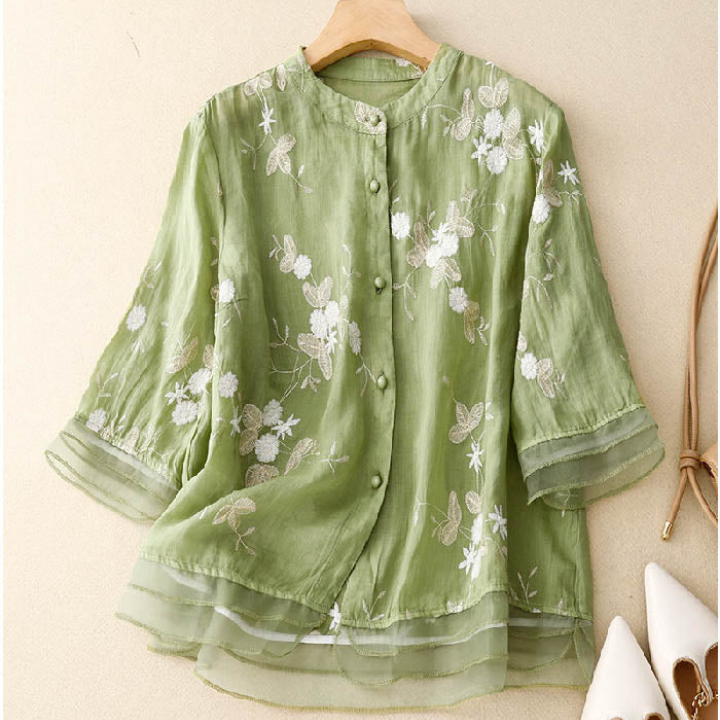 Floral Embroidered Layered-Hem Blouse