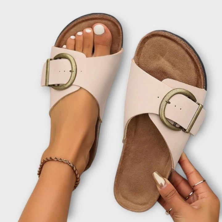 Oversized Buckle Cork Footbed Slide Sandals
