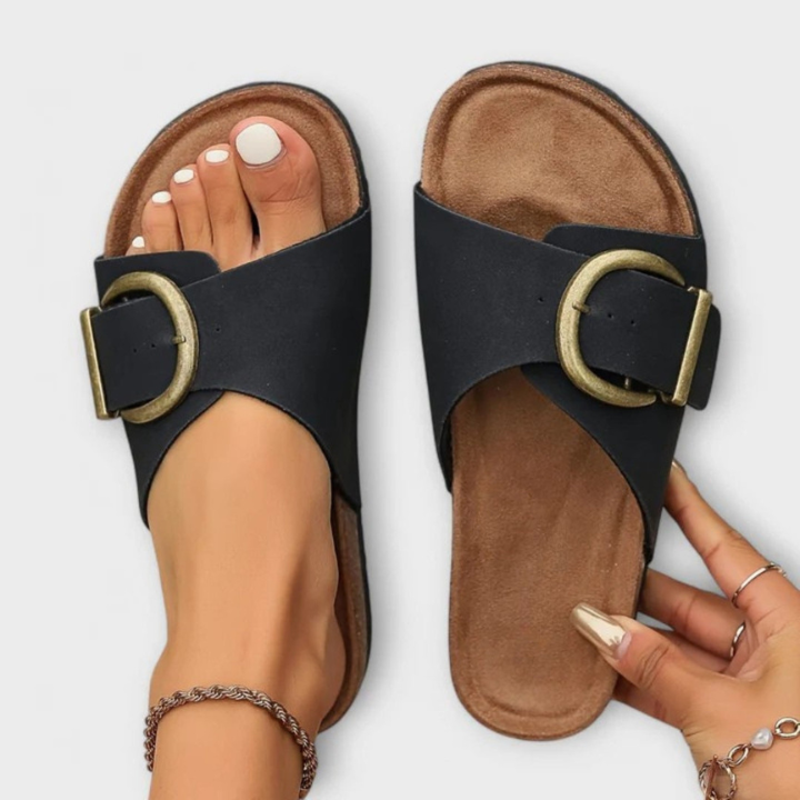 Oversized Buckle Cork Footbed Slide Sandals