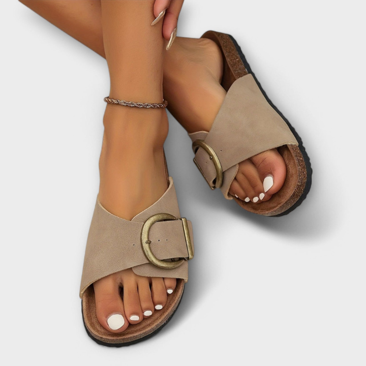 Oversized Buckle Cork Footbed Slide Sandals