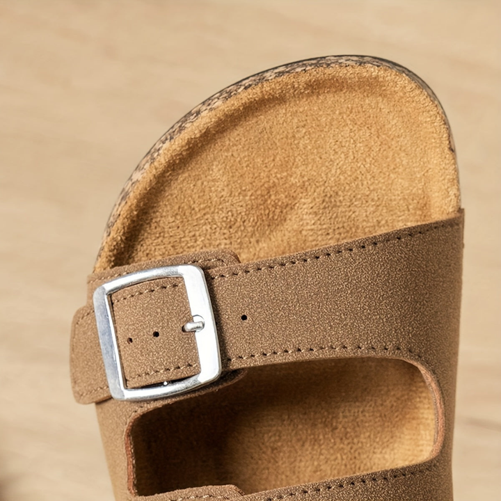 Suede-Look Double Buckle Cork Footbed Sandals