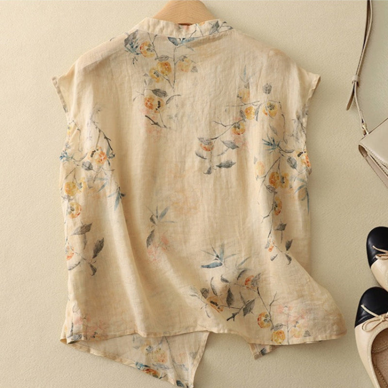 Floral Print Mandarin Collar Sleeveless Top