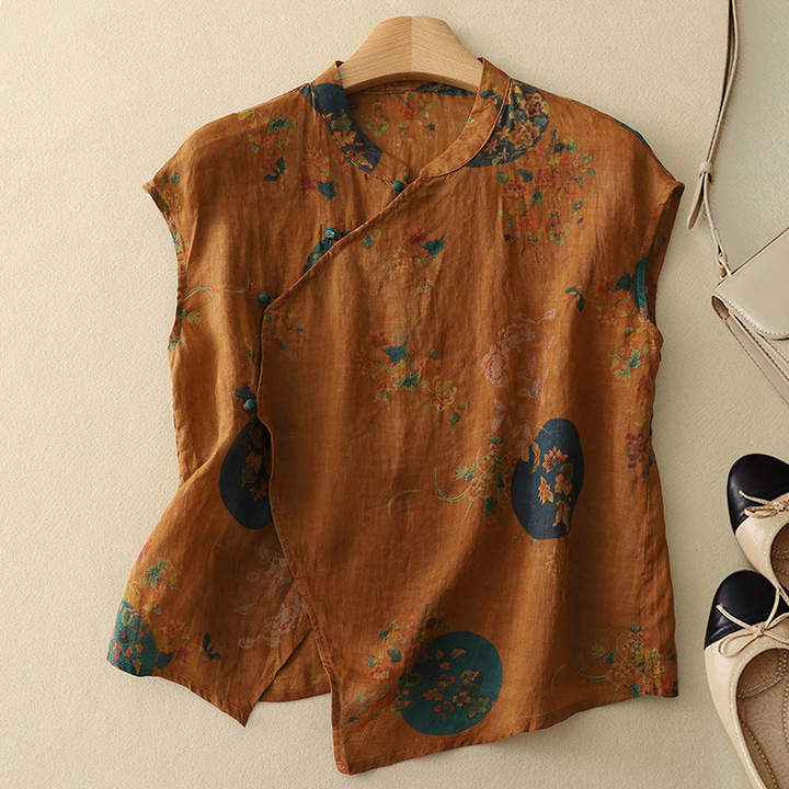 Floral Print Mandarin Collar Sleeveless Top