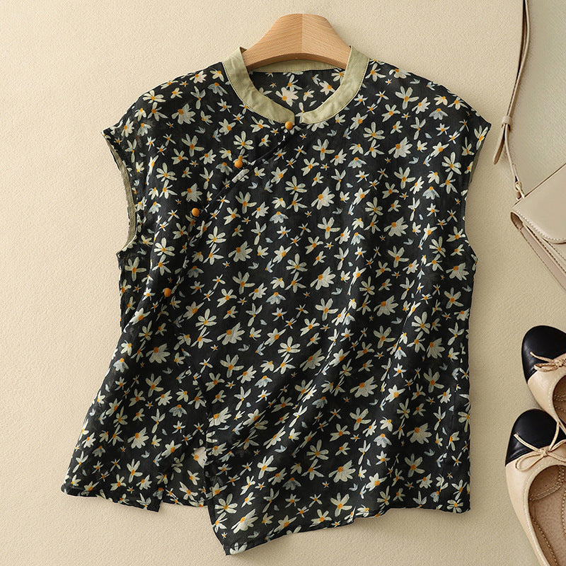 Floral Print Mandarin Collar Sleeveless Top