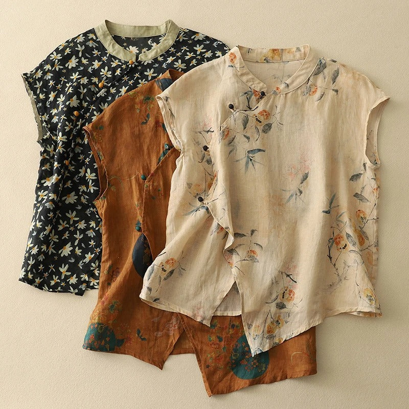 Floral Print Mandarin Collar Sleeveless Top