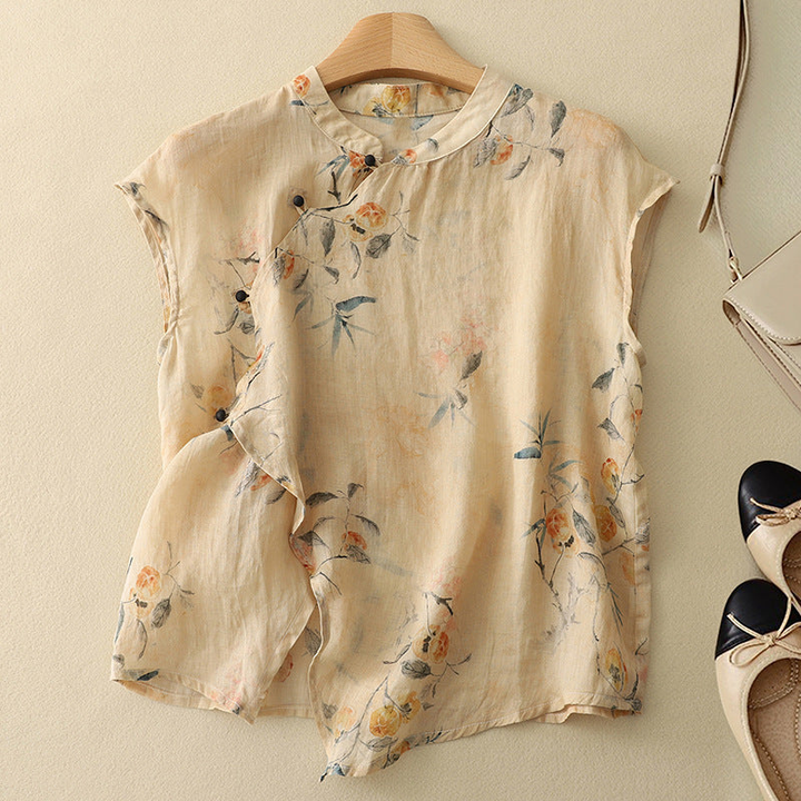 Floral Print Mandarin Collar Sleeveless Top
