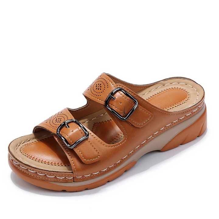 Dual-Strap Buckle Wedge Slide Sandals