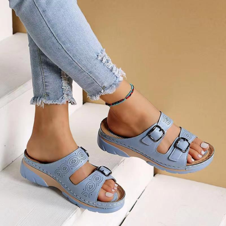 Dual-Strap Buckle Wedge Slide Sandals