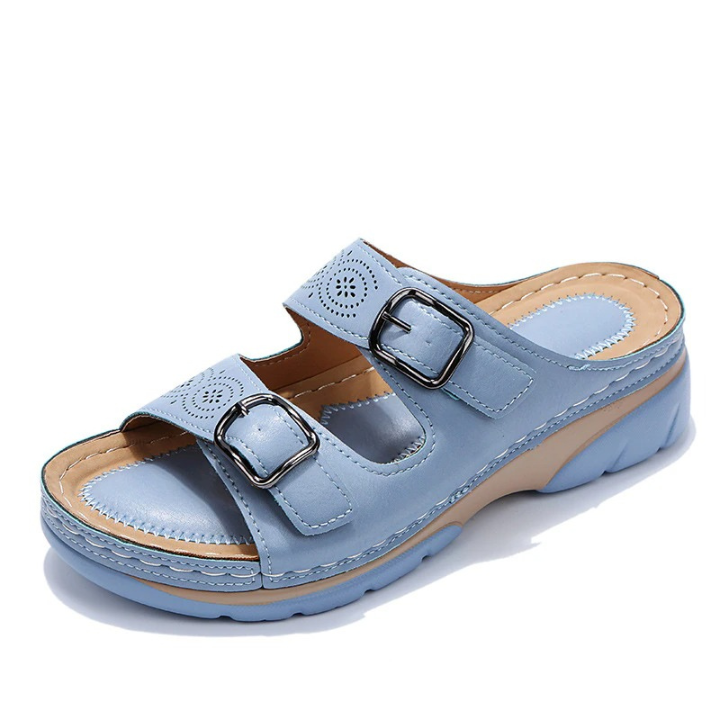 Dual-Strap Buckle Wedge Slide Sandals