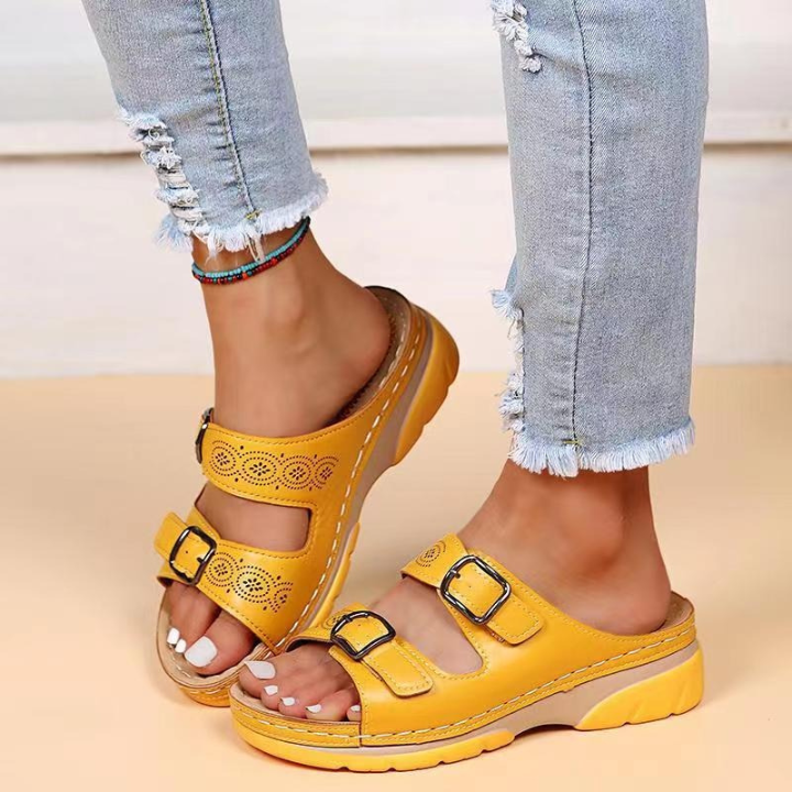 Dual-Strap Buckle Wedge Slide Sandals