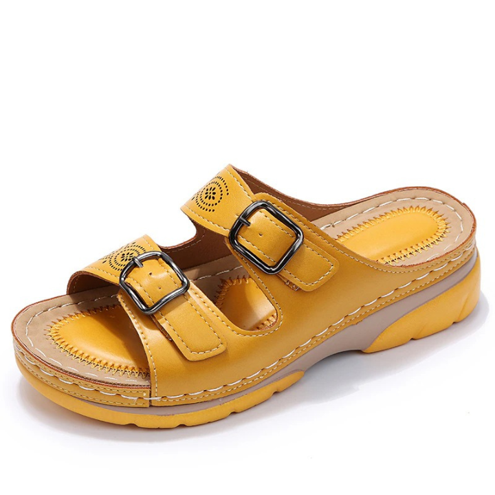 Dual-Strap Buckle Wedge Slide Sandals