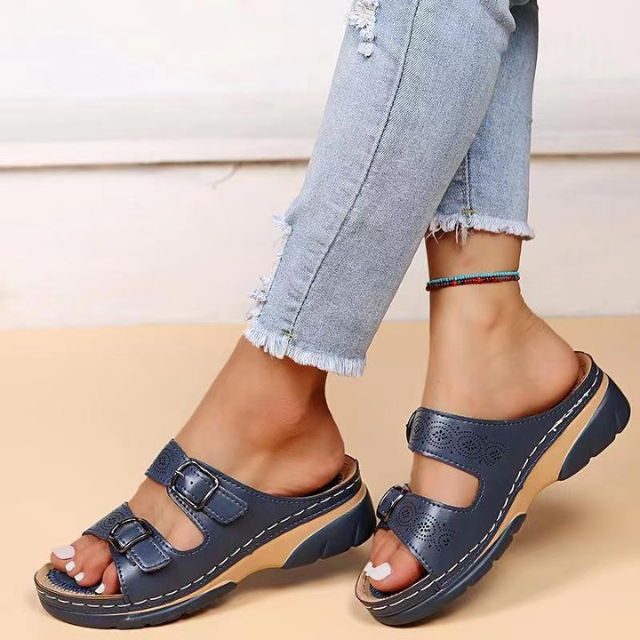Dual-Strap Buckle Wedge Slide Sandals