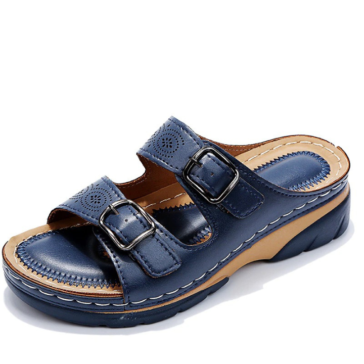 Dual-Strap Buckle Wedge Slide Sandals