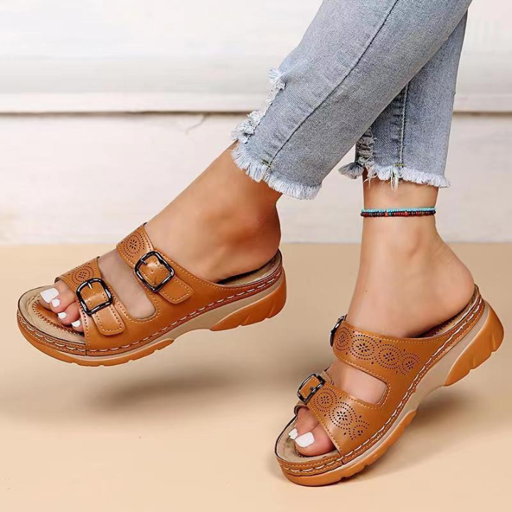 Dual-Strap Buckle Wedge Slide Sandals