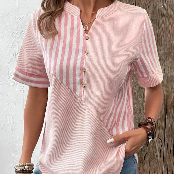 Pintuck Pleat Henley Short Sleeve Top