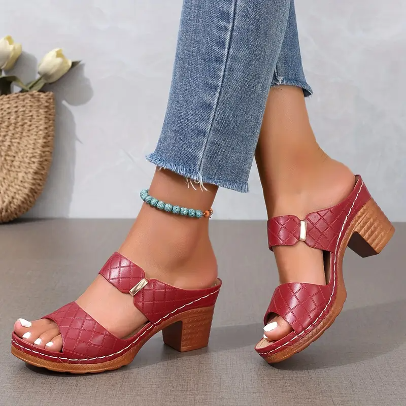 Open Toe Block Heel Buckle Sandals