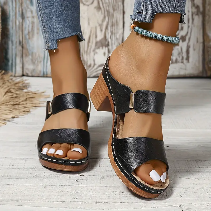 Open Toe Block Heel Buckle Sandals