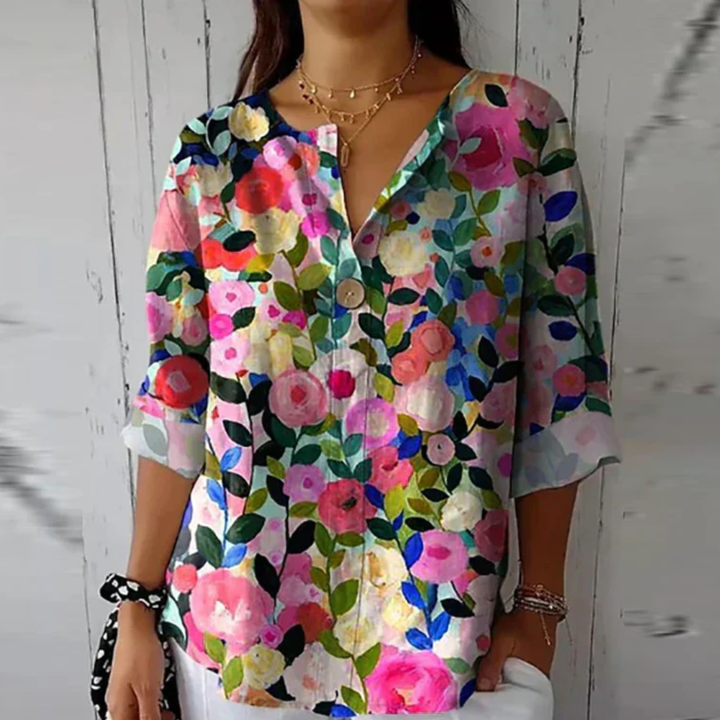 Silk-Look Floral Print V-Neck Blouse