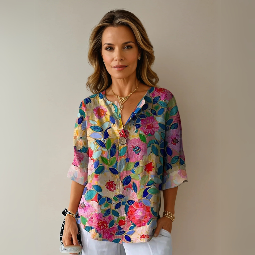 Silk-Look Floral Print V-Neck Blouse