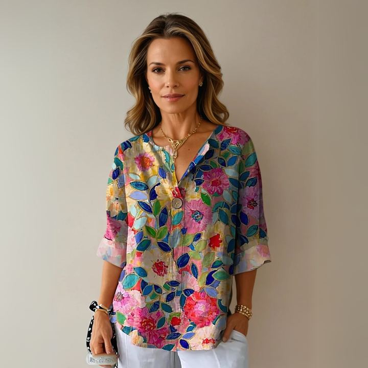 Silk-Look Floral Print V-Neck Blouse
