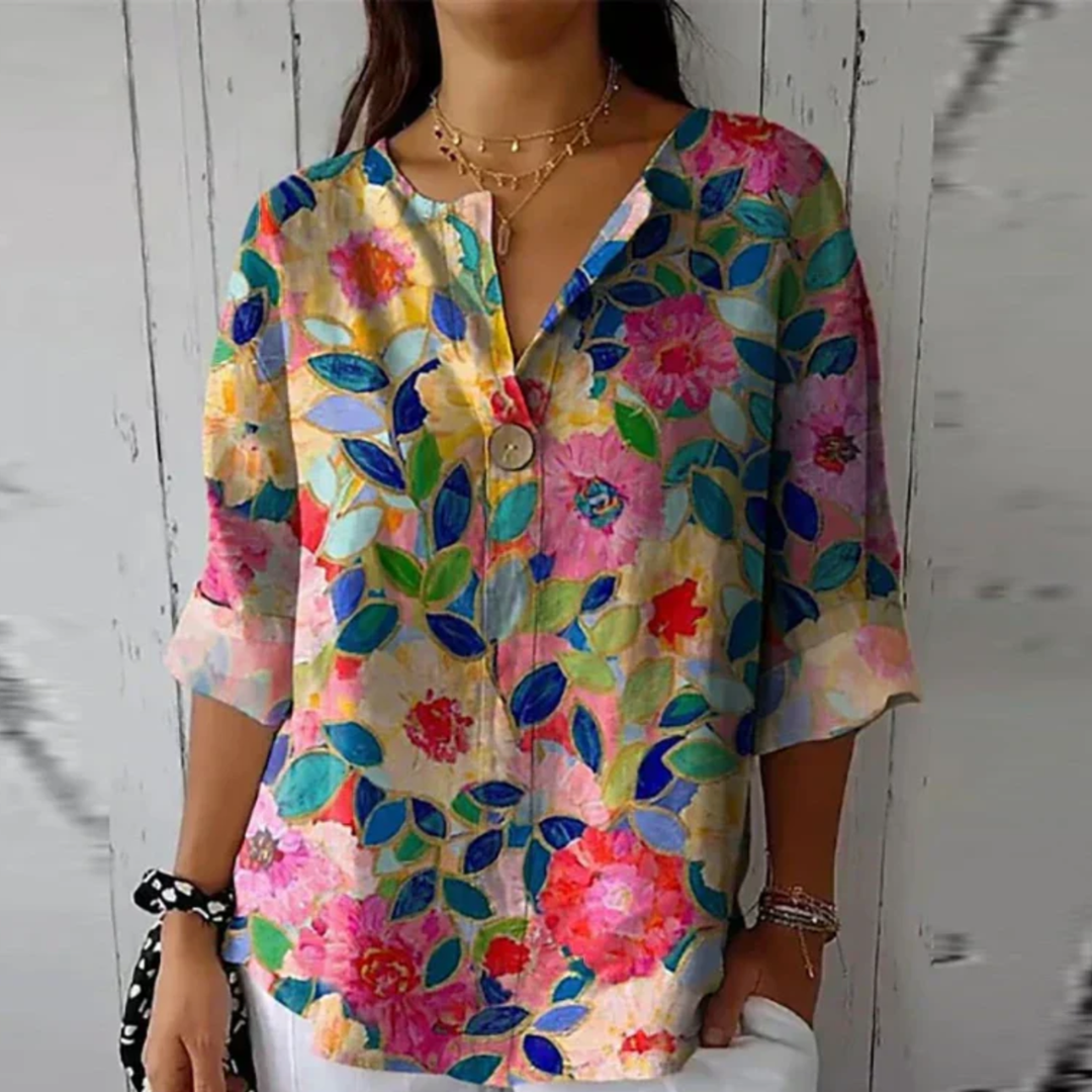 Silk-Look Floral Print V-Neck Blouse