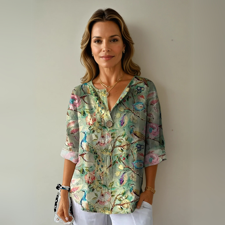 Silk-Look Floral Print V-Neck Blouse