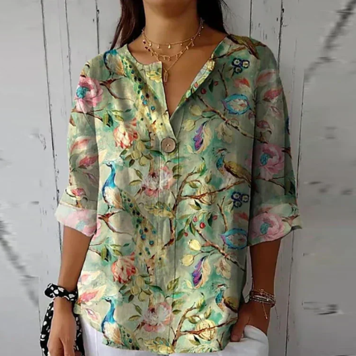 Silk-Look Floral Print V-Neck Blouse