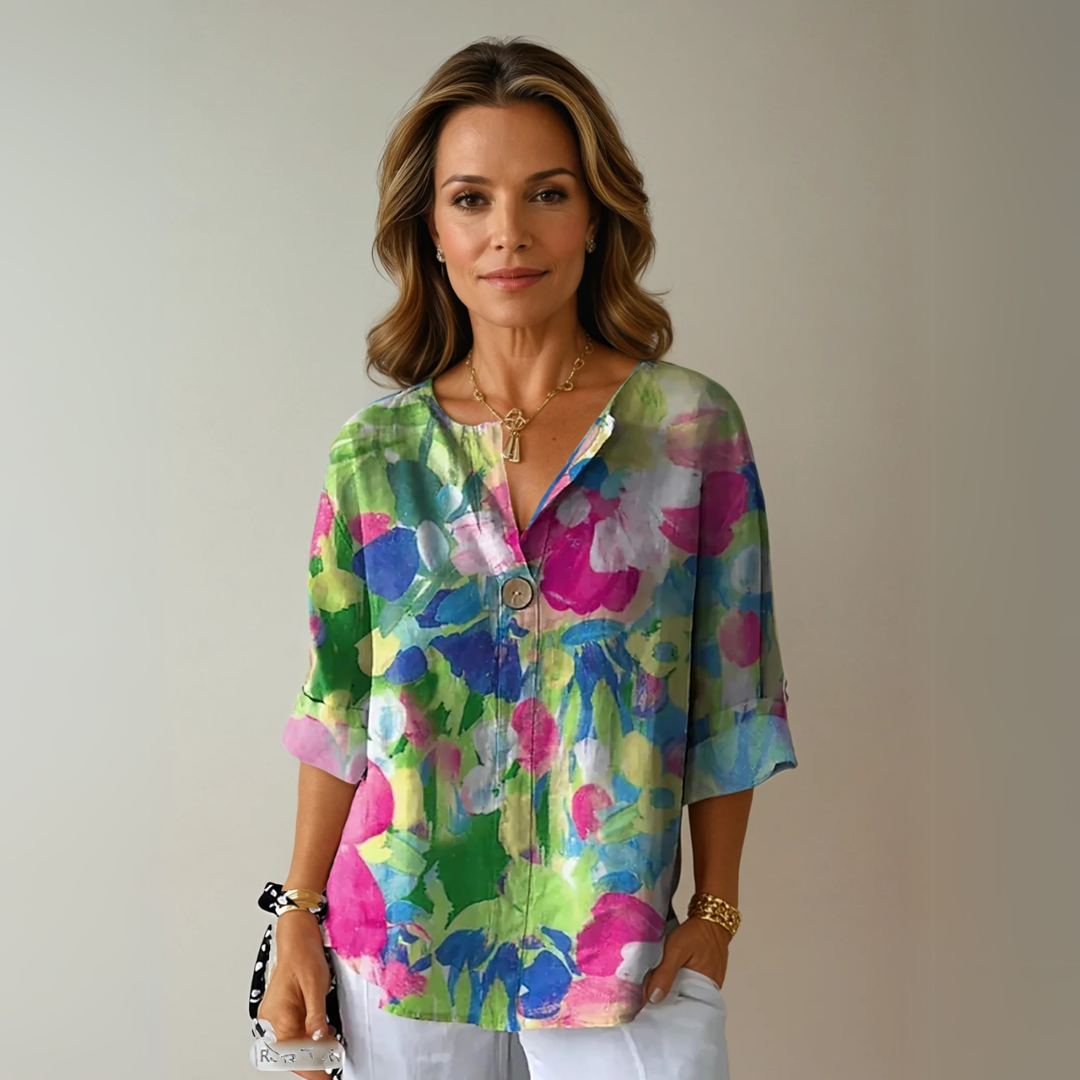 Silk-Look Floral Print V-Neck Blouse